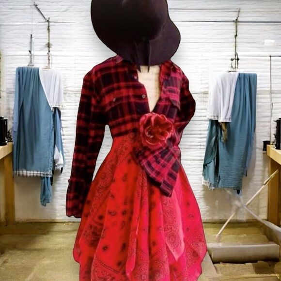 Festival Red Flannel Bell Sleeve Flowy Asymmetrical Button Down Tunic Jacket NEW - Picture 2 of 4